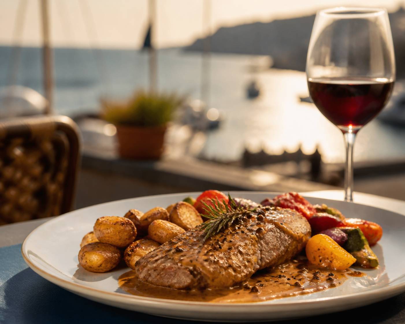 Assiette généreuse de cuisine française sur une table de brasserie face au port