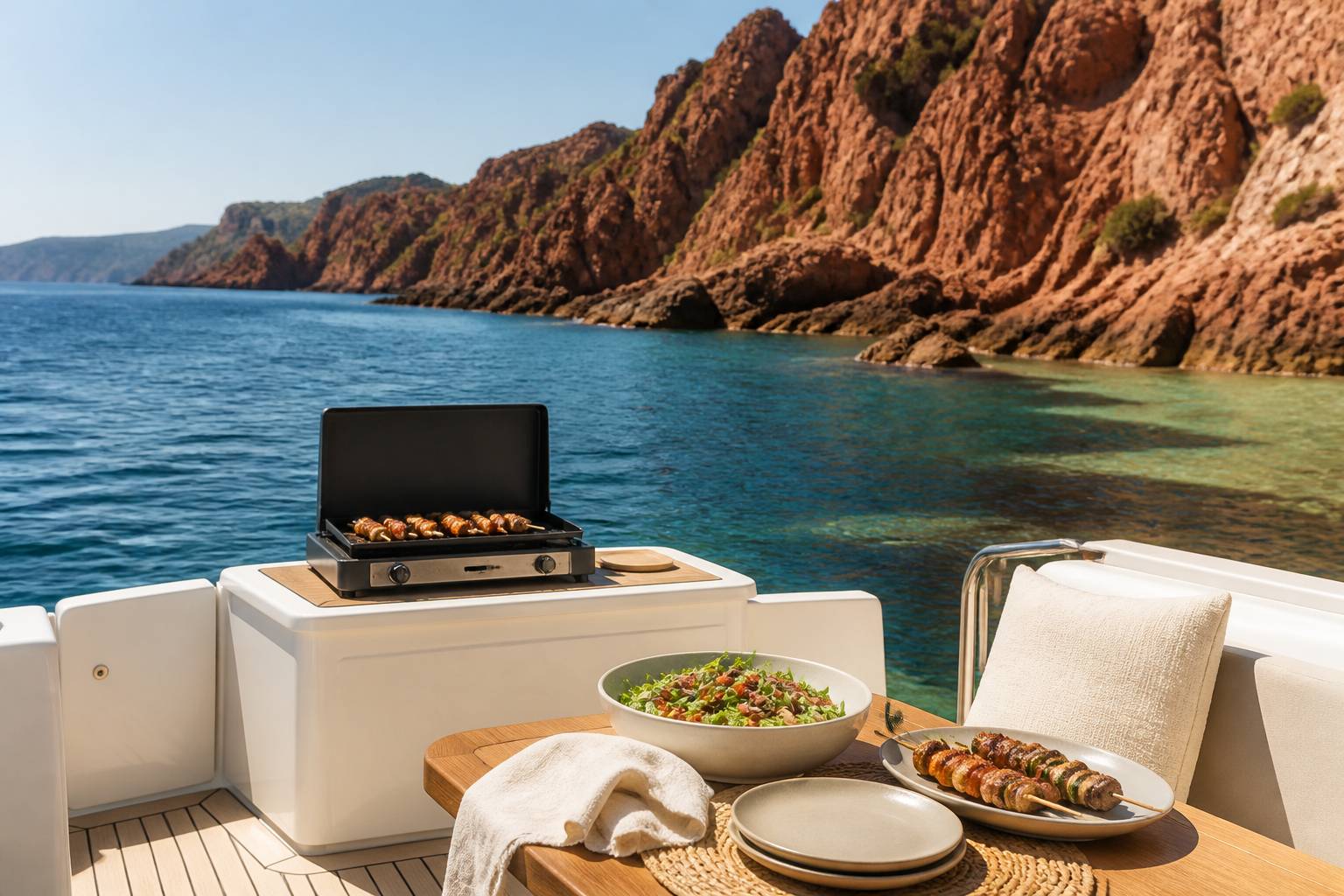 Barbecue installé à l'arrière d'un bateau face à des criques et une eau claire