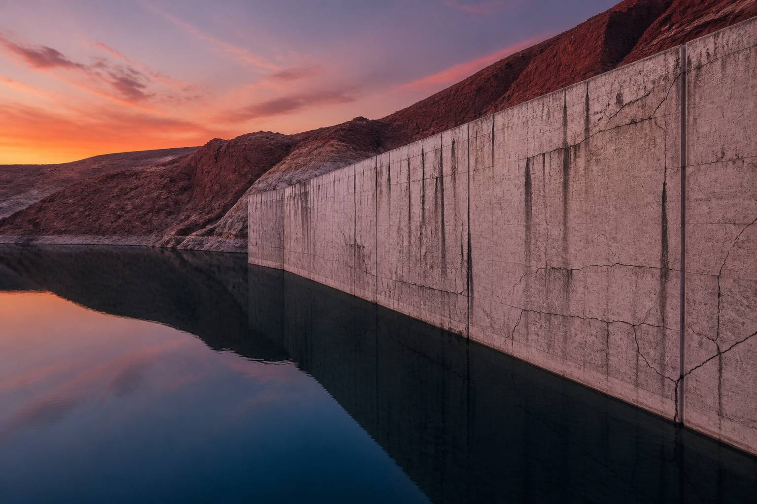 Mur de barrage fissuré dans une vallée au crépuscule
