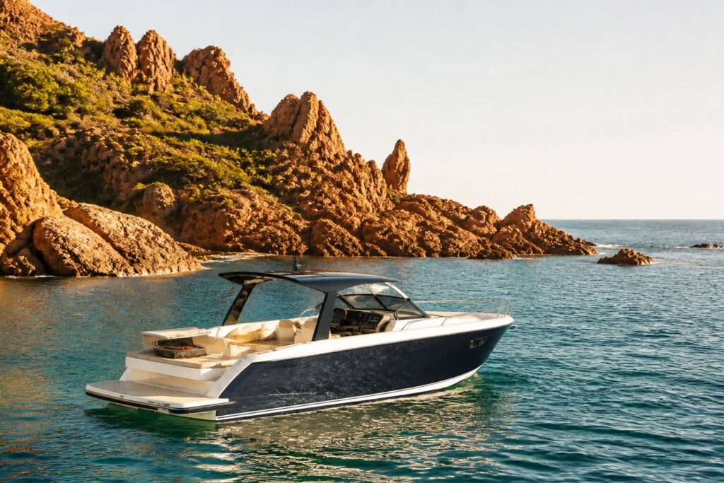 Bateau de plaisance avec un barbecue à bord naviguant sur une mer turquoise