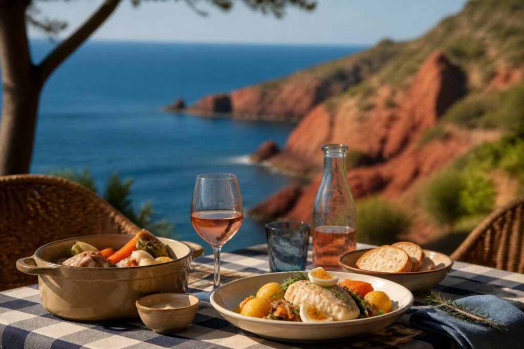 Plat d'aïoli et pot-au-feu sur une table de bistro en terrasse
