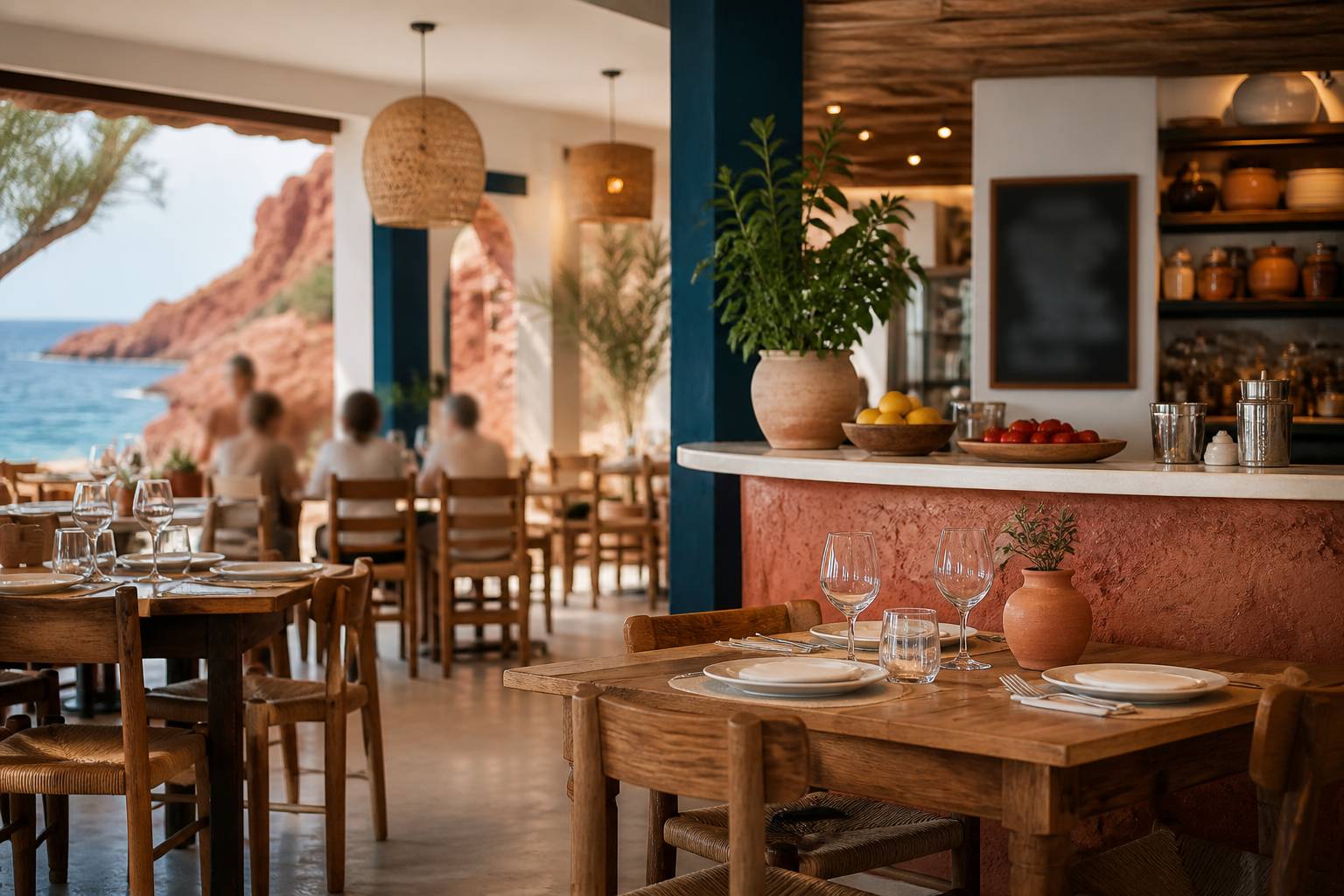 Salle de bistro conviviale avec tables en bois, comptoir et produits locaux