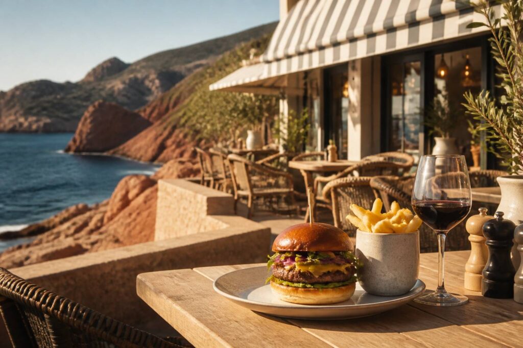 Table de bistrot avec burger gourmand et frites maison
