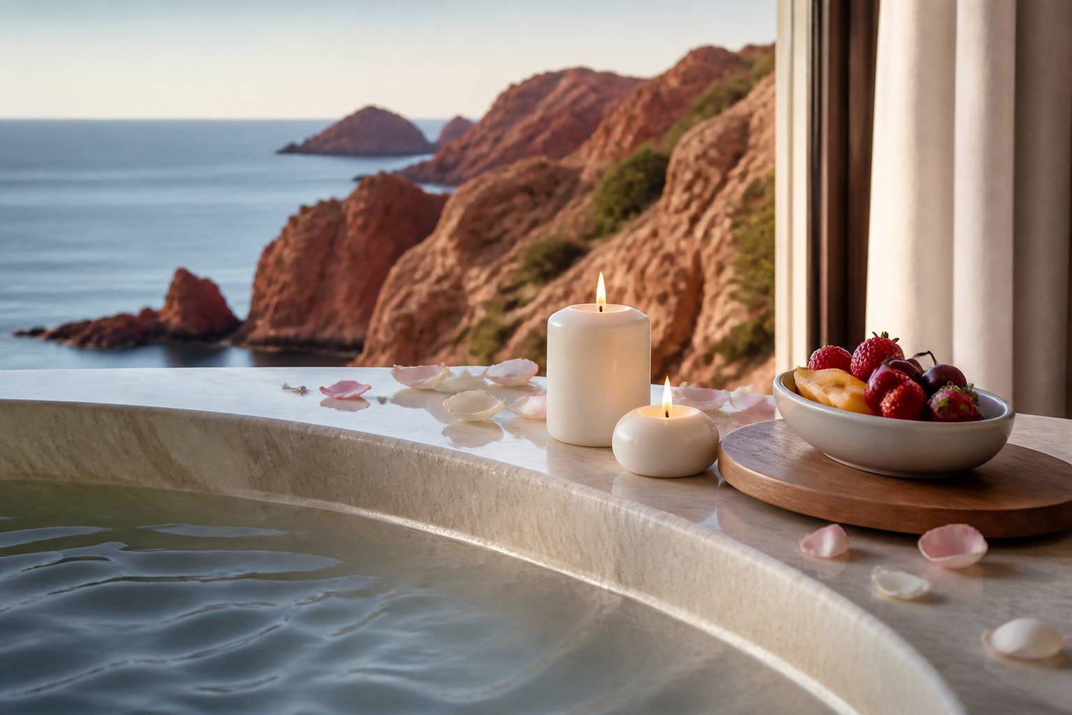 Bord de baignoire avec pétales de roses, bougies et plateau de fruits en bois
