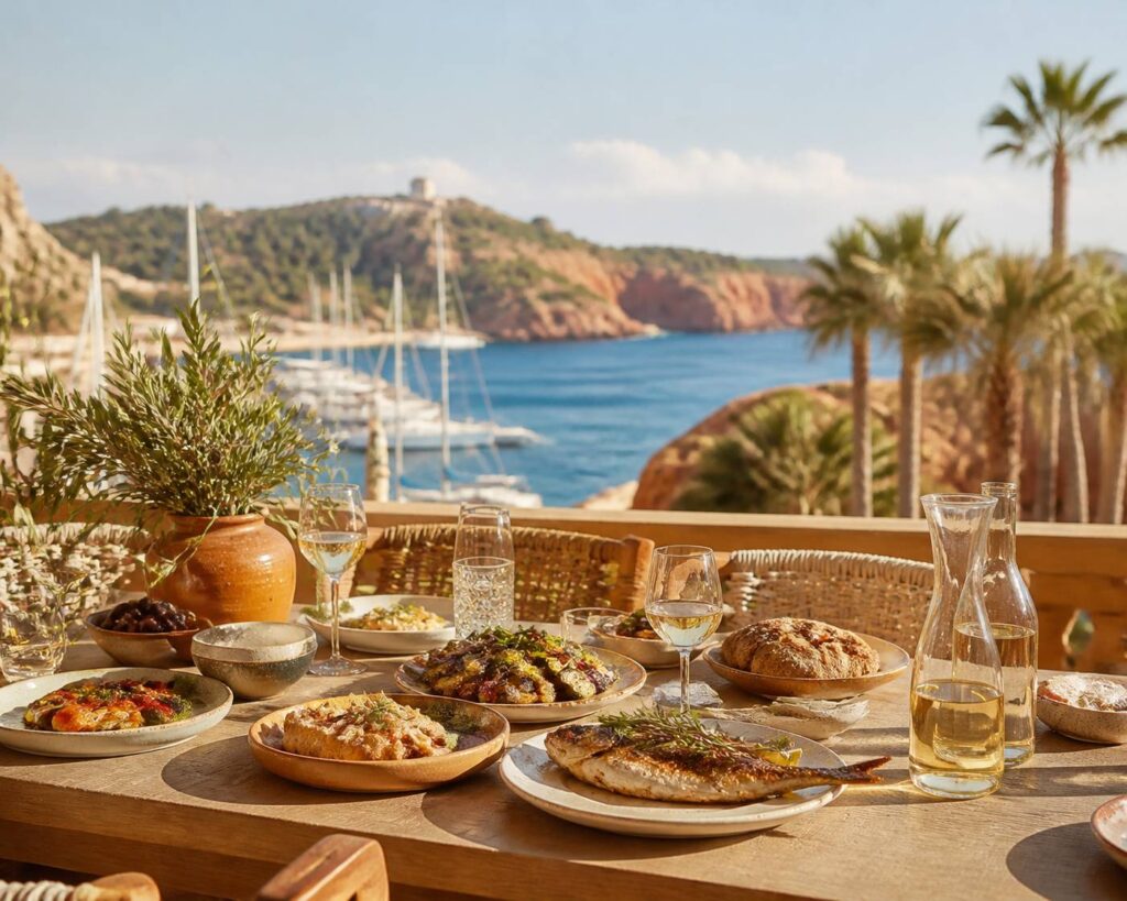 Terrasse de brasserie ensoleillée près d'un port avec des plats généreux sur une table