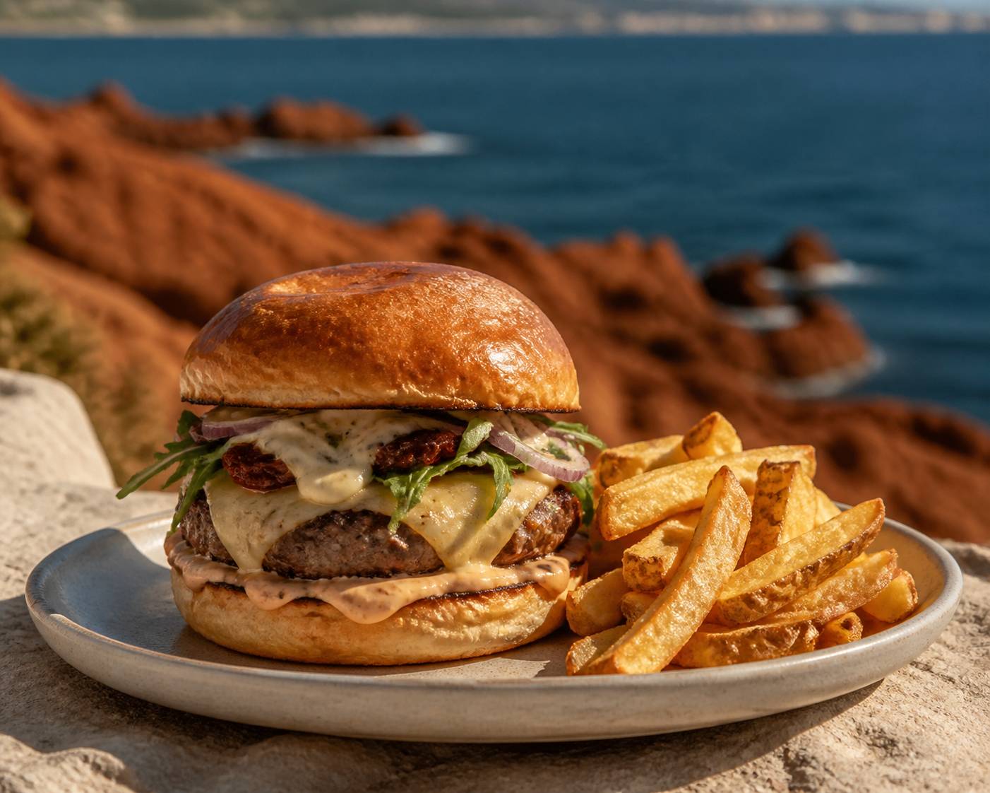 Burger gourmand au pain artisanal avec fromage fondant et frites