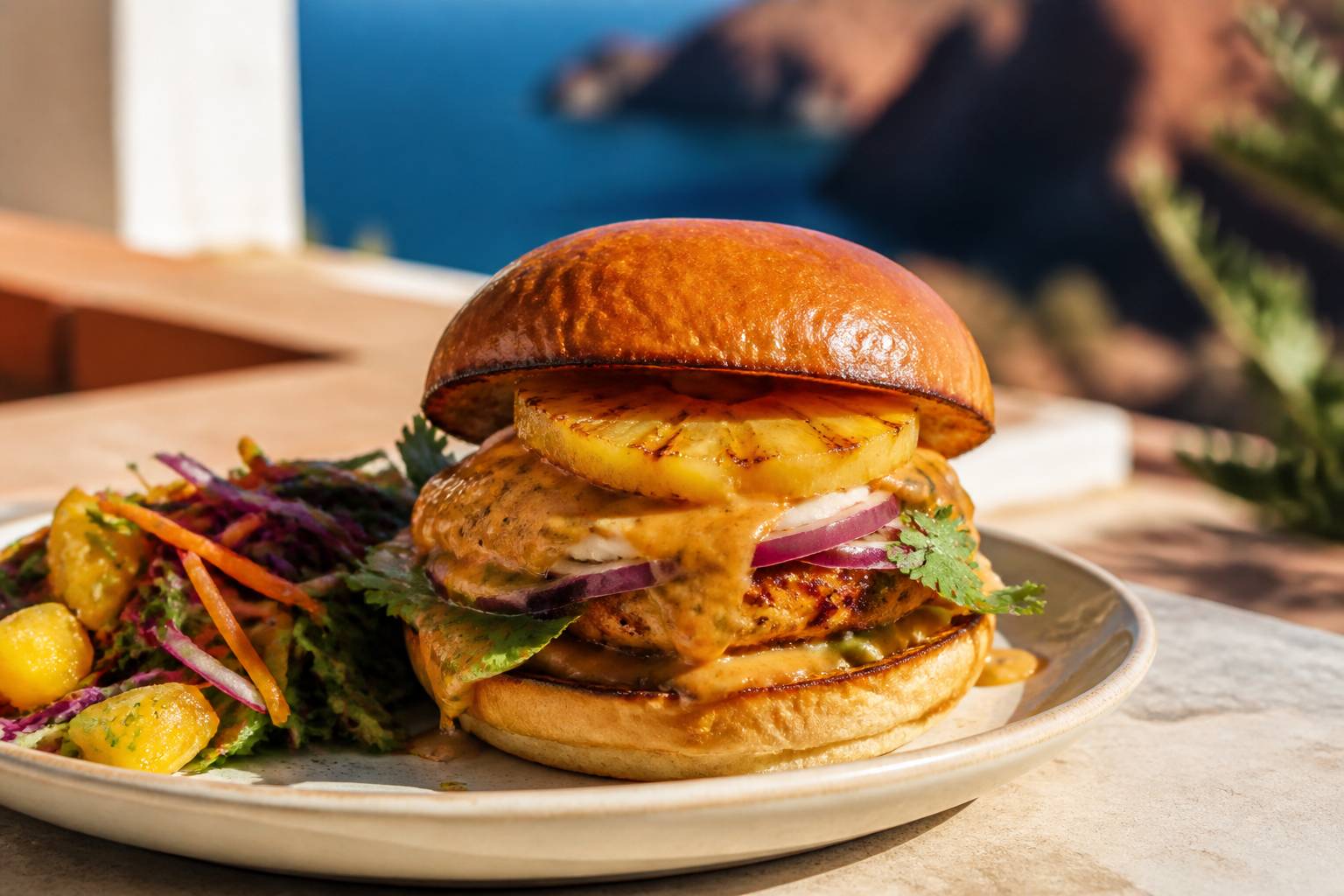 Burger généreux avec une tranche d'ananas grillé et une salade