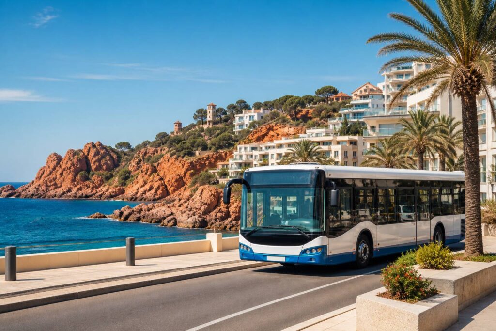 Bus urbain moderne sur un boulevard du littoral méditerranéen