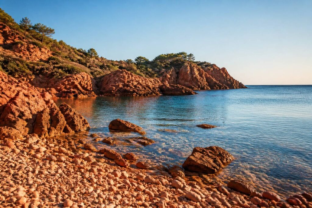 Crique méditerranéenne avec galets rouges et eau turquoise