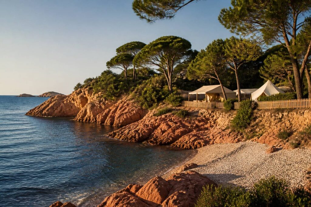 Plage de galets avec des roches rouges face à la mer