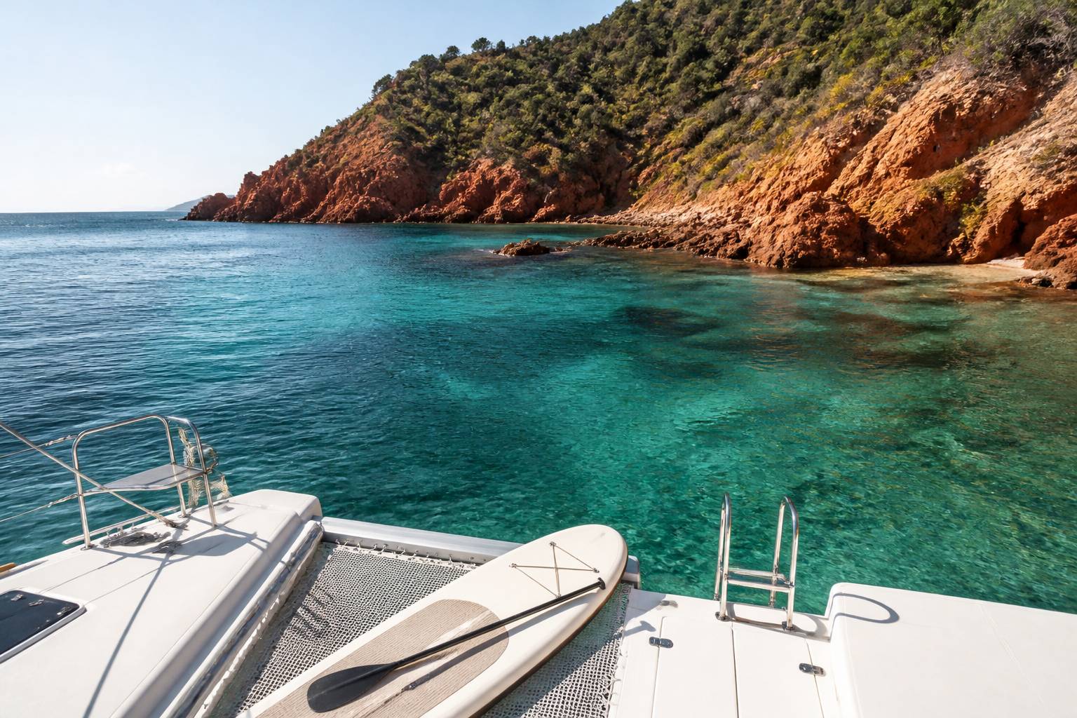 Pont d'un catamaran avec zone de baignade et paddle au mouillage en Méditerranée