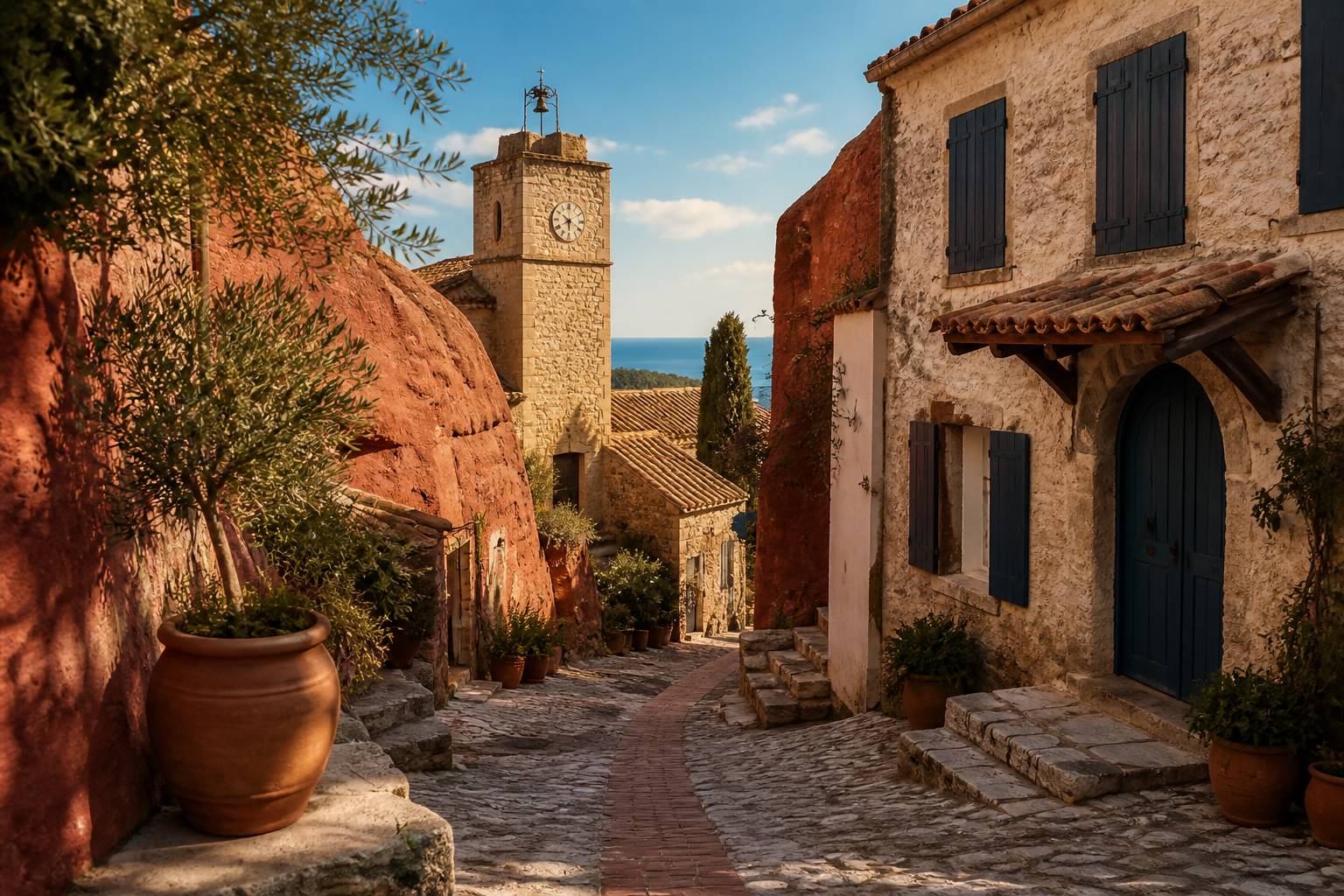 Ruelle de village provençal avec une tour d'horloge en pierre et des volets en bois