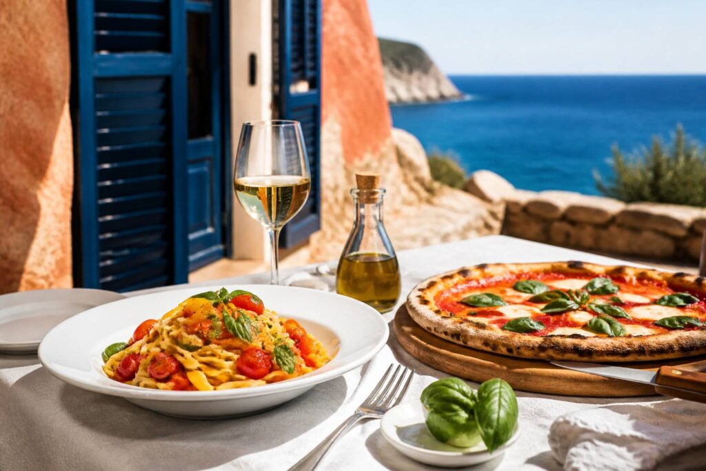 Table italienne générique avec pâtes fraîches et pizza artisanale