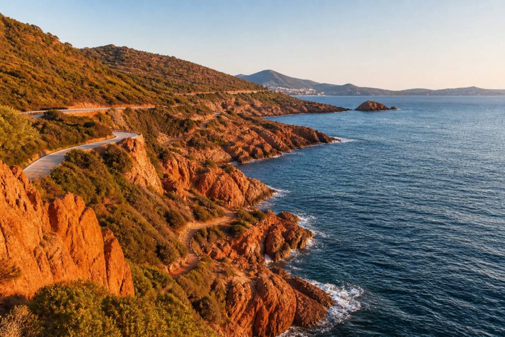 Route côtière de la Corniche d'Or entre roches rouges de l'Estérel et mer Méditerranée