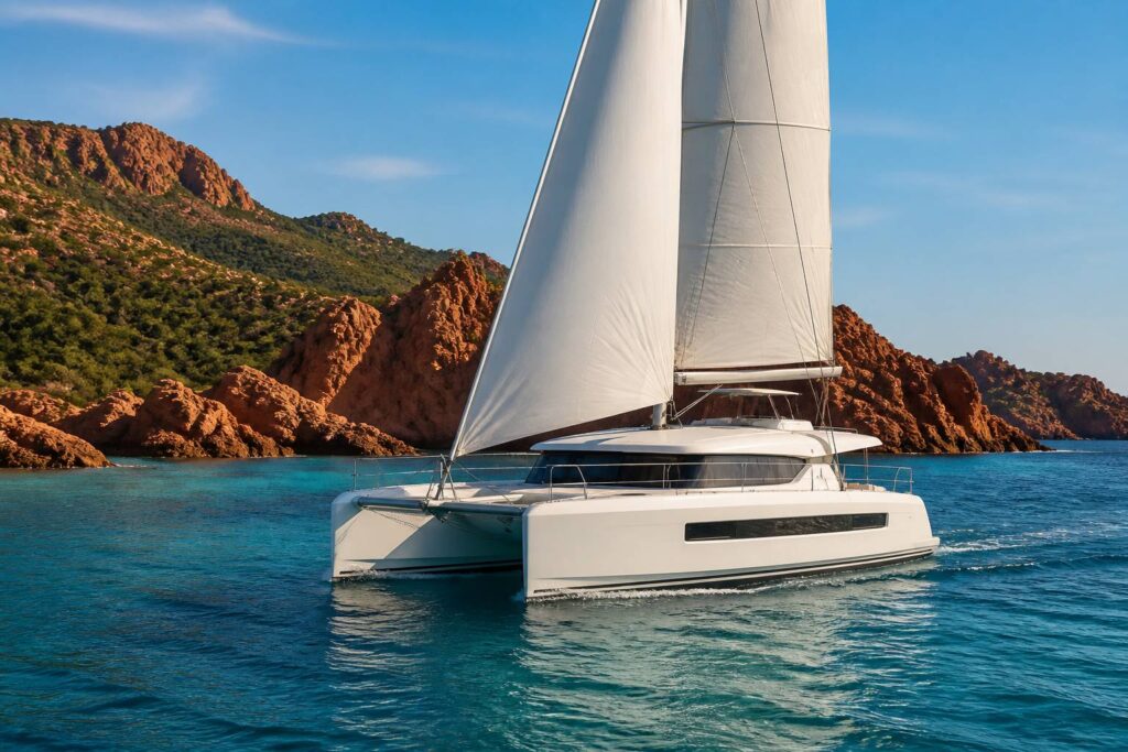 Maxi-catamaran de croisière glissant sur une mer turquoise près de l'Estérel