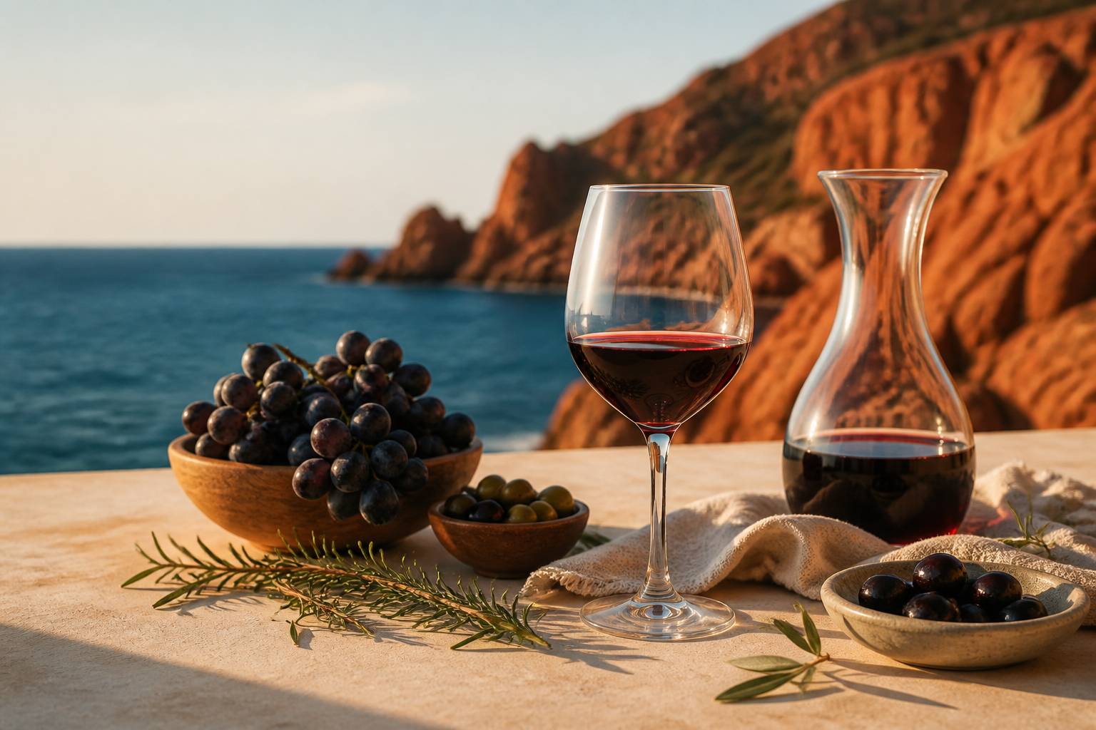 Verre de vin rouge avec raisins et olives sur table