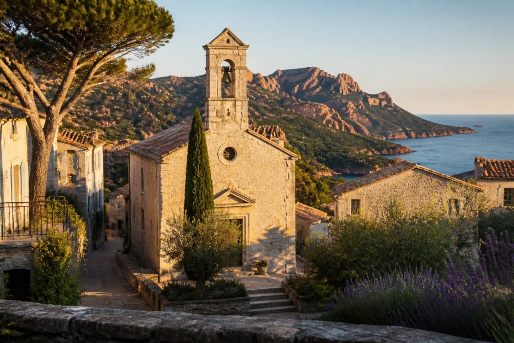 Église provençale en pierre claire avec son clocher