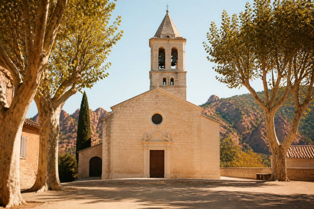 Façade en pierre claire d'église avec clocher à arcades et place de village