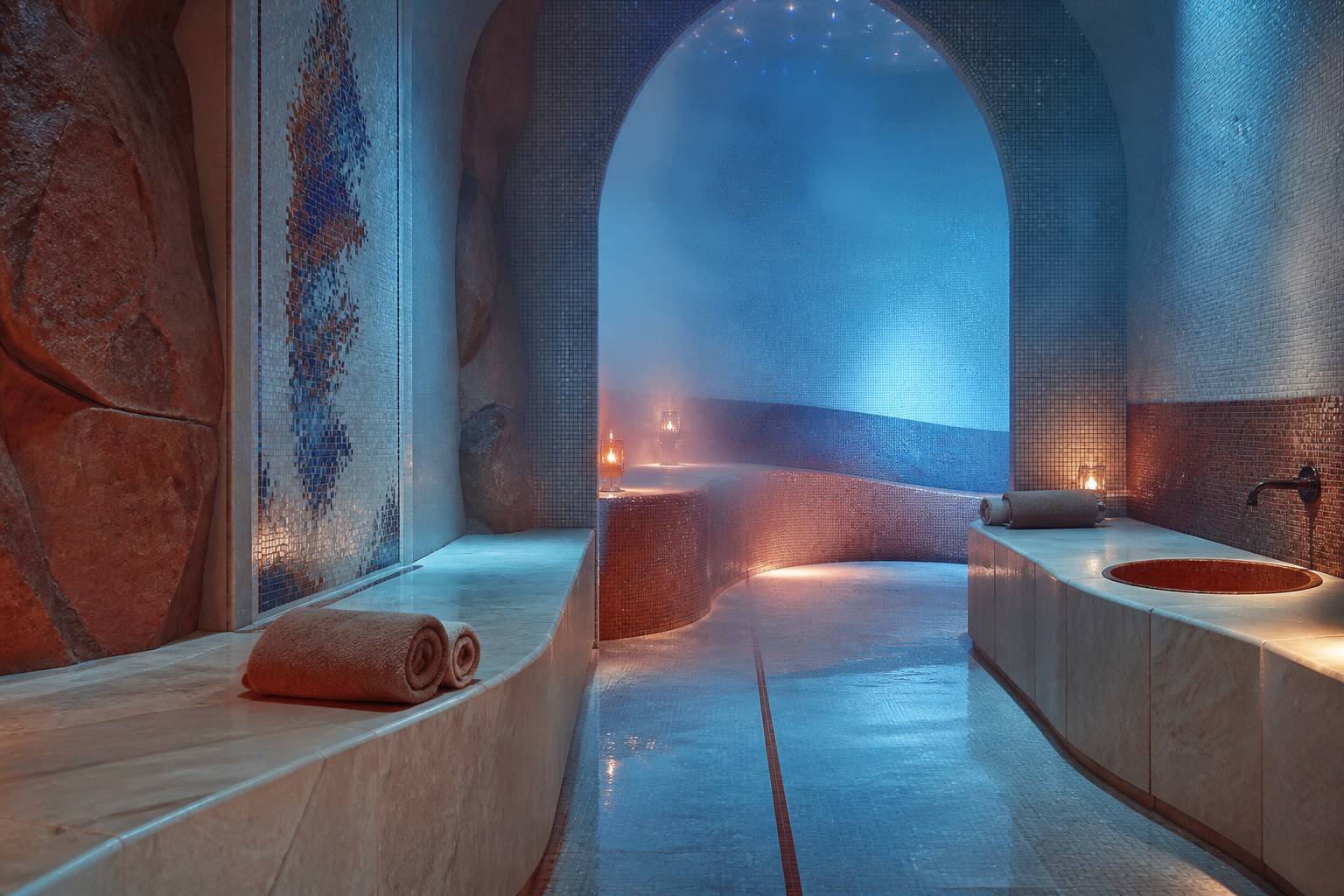 Hammam en pierre claire avec mosaïque colorée et brume légère