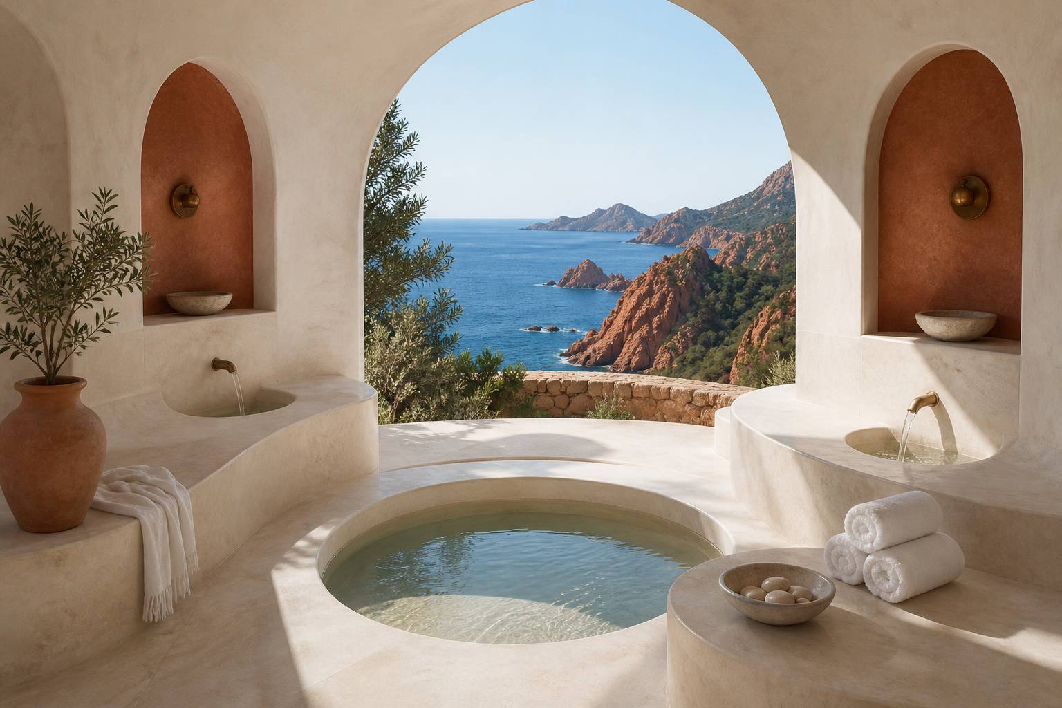 Hammam en pierre claire avec serviettes blanches roulées