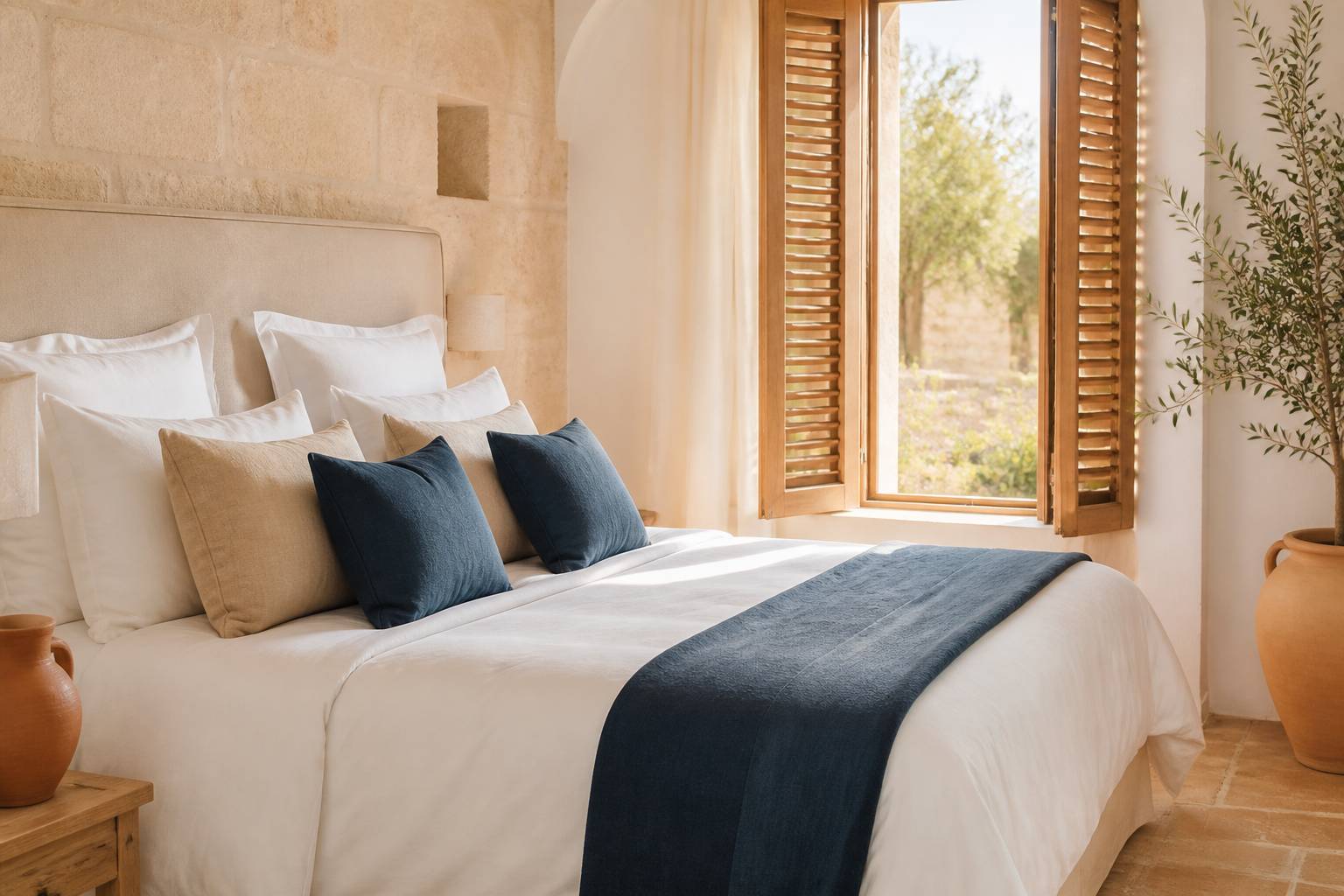 Chambre d'hôtel provençale avec lit blanc et pierre claire