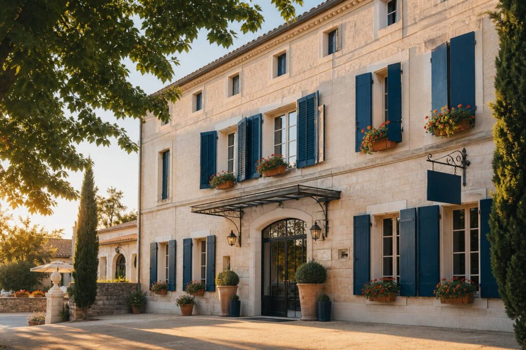 Façade provençale en pierre avec volets bleus et géraniums