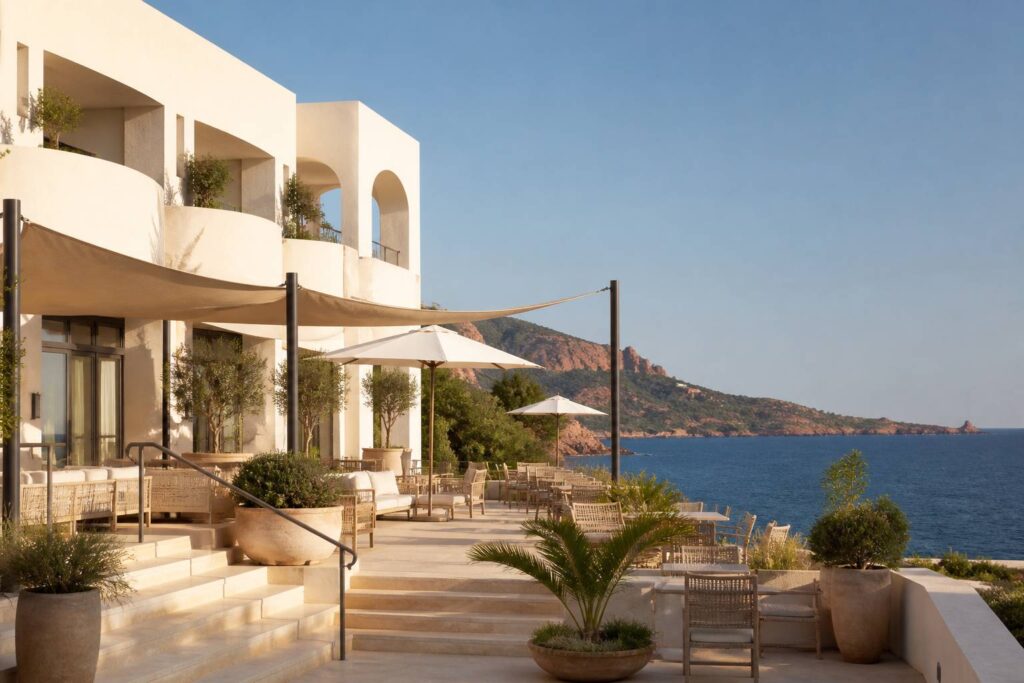 Façade d'hôtel méditerranéen avec terrasse et vue sur la mer