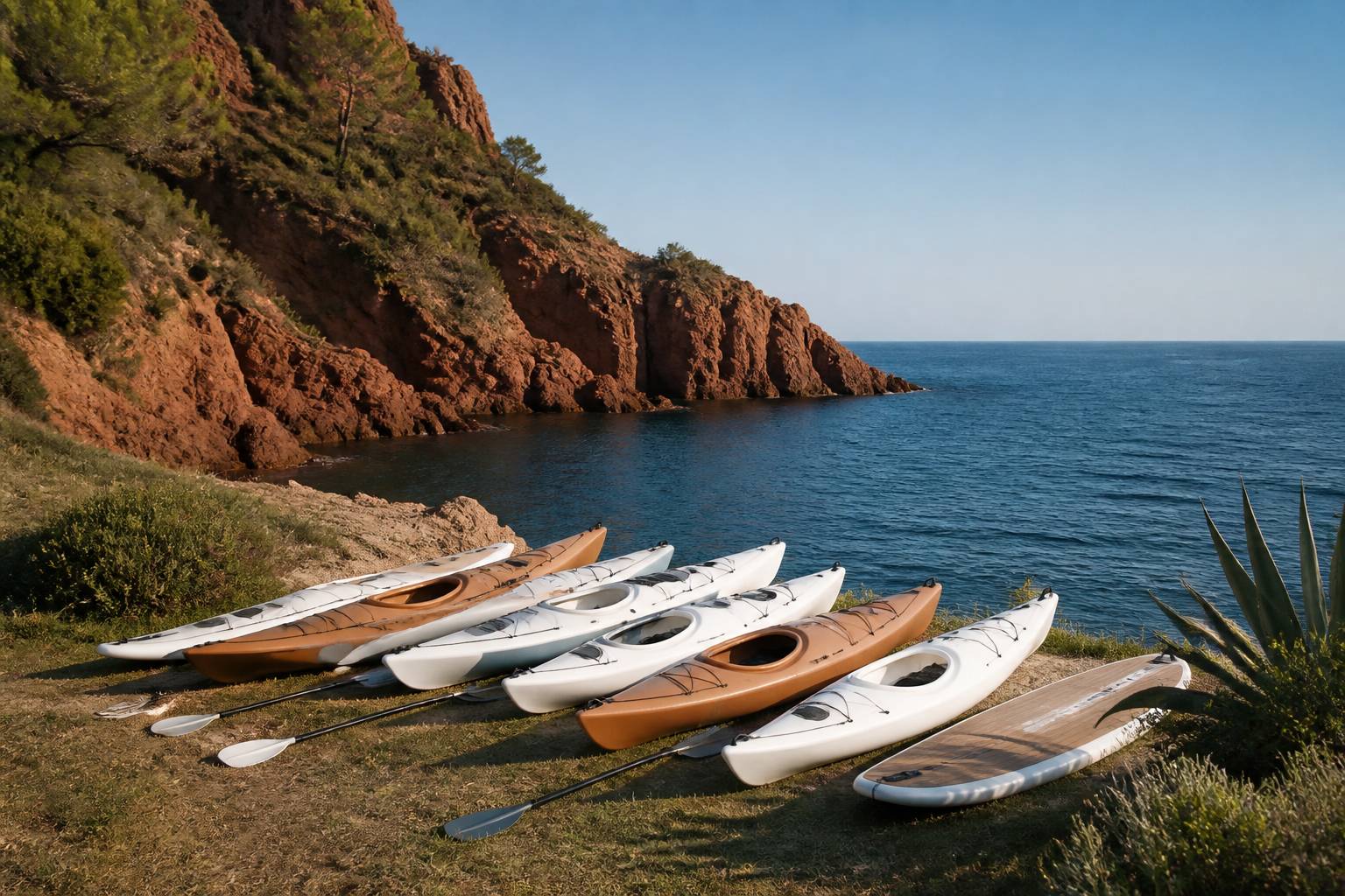 Kayaks et paddles alignés sur une berge herbeuse au bord de l'eau