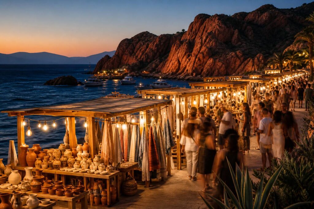 Marché nocturne sur le front de mer de l'Estérel au crépuscule