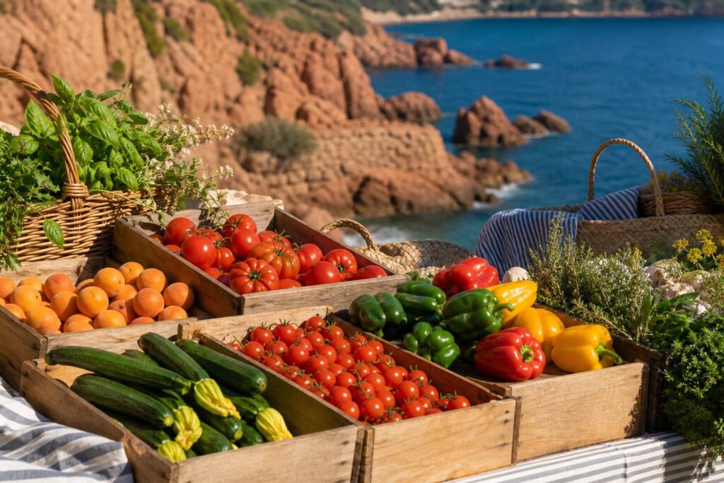 Étals de marché provençal avec fruits, légumes et paniers en osier
