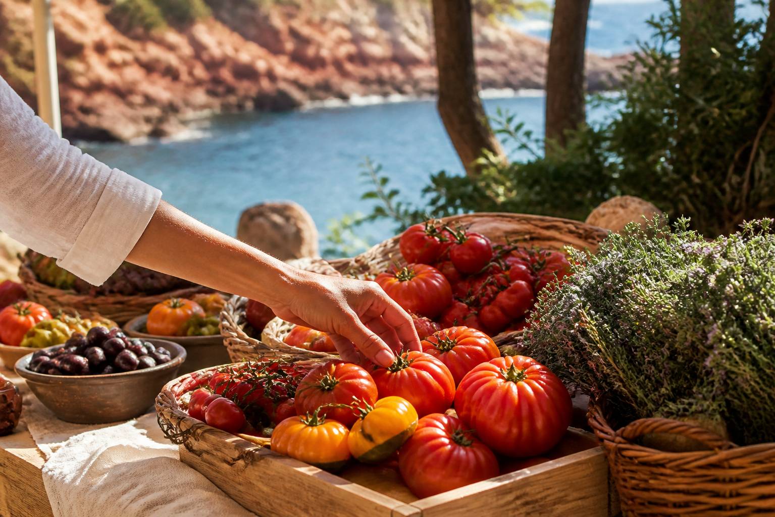 Main choisissant des tomates et herbes de Provence sur un étal