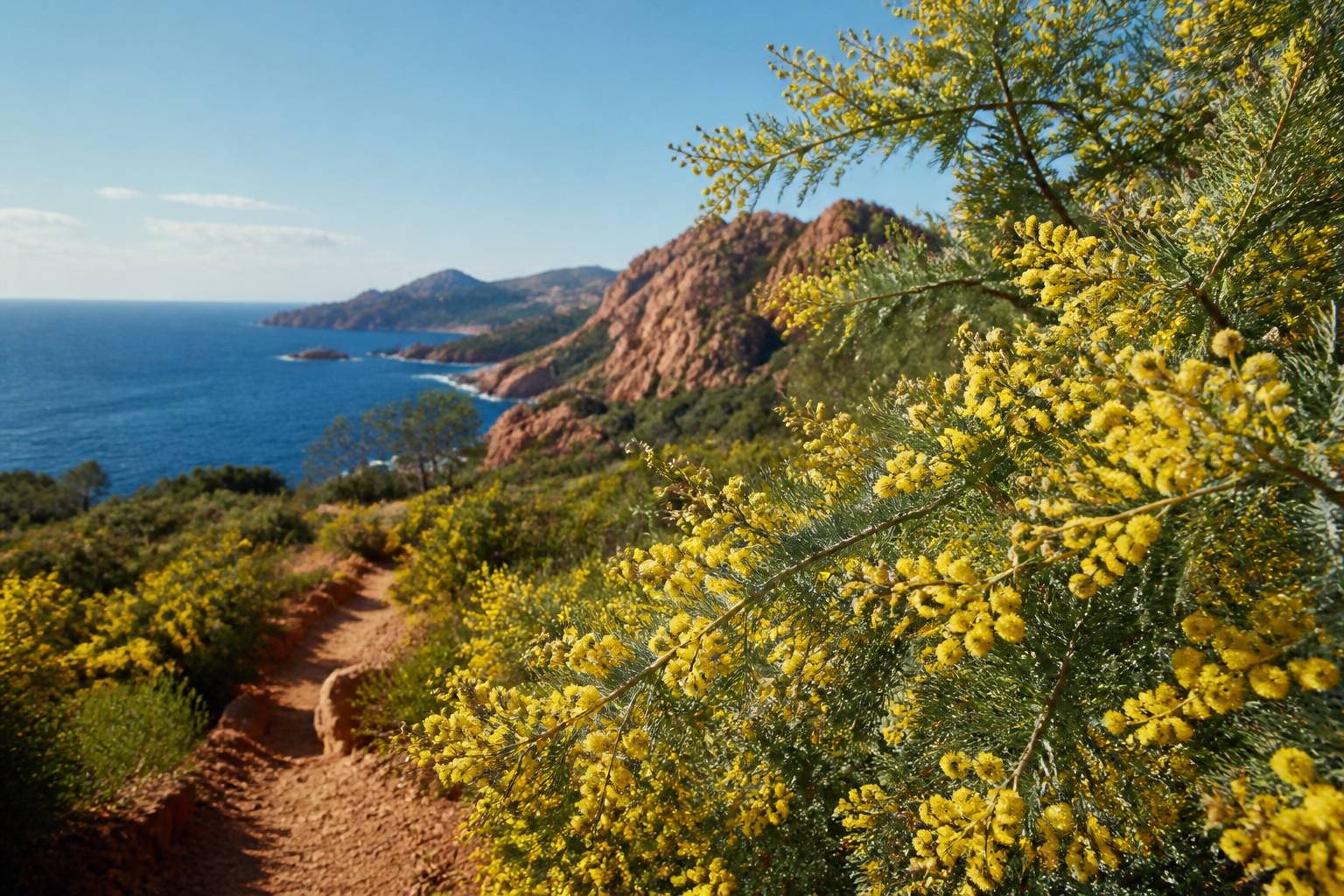 Bosquet de mimosas en fleurs sur un sentier face à la mer