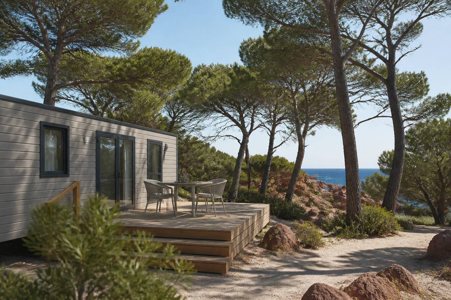 Mobil-home en bois sous les pins avec une terrasse ombragée