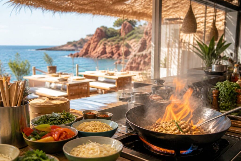 Cuisine ouverte de street-food asiatique avec un wok flambé