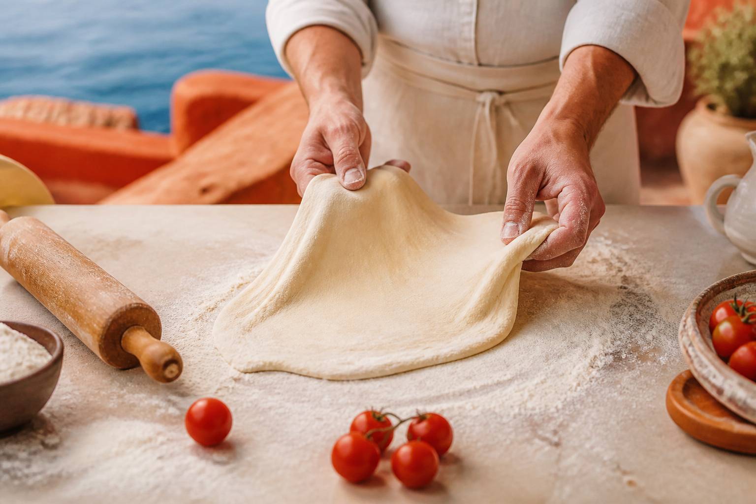 Pâte à pizza fraîche étirée à la main sur un plan de travail fariné