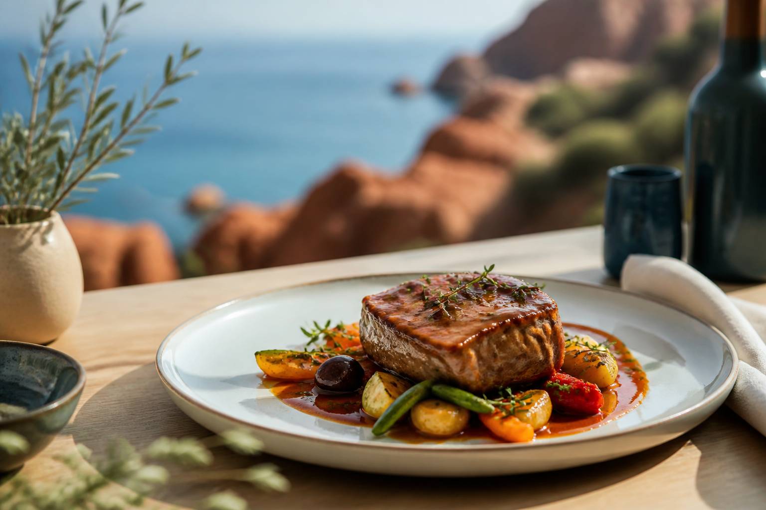 Plat bistronomique dressé dans une assiette avec une sauce et des herbes fraîches