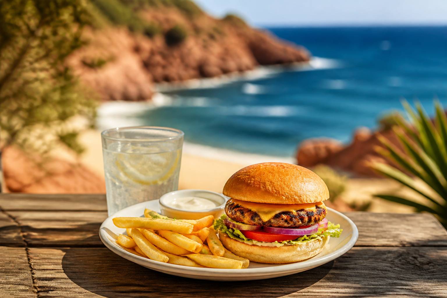 Plat de restauration rapide avec frites et burger sur une table en bois de terrasse