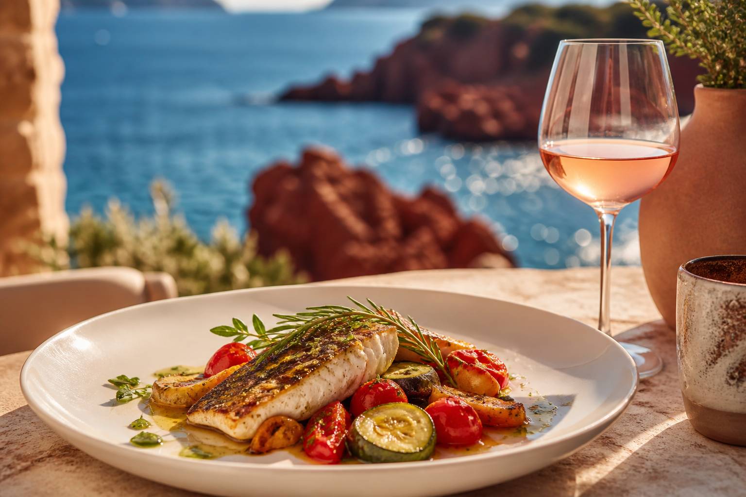 Plat de poisson grillé dressé en terrasse avec vue sur la mer