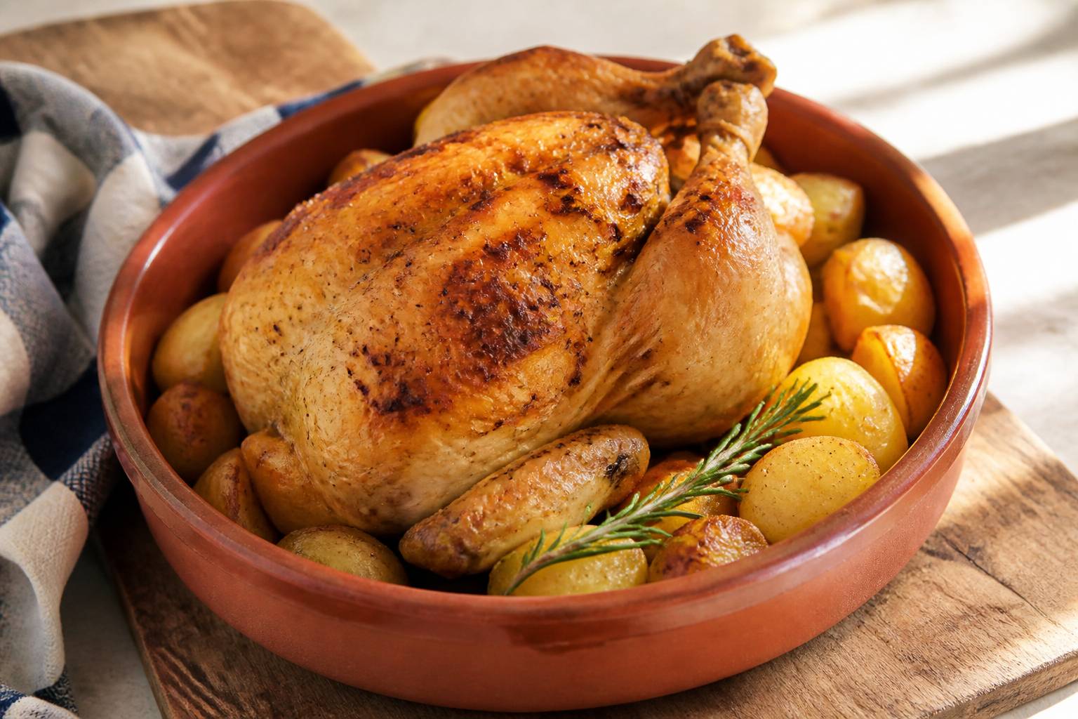 Poulet rôti entier doré sur plat en terre cuite avec pommes de terre rôties et branche de romarin