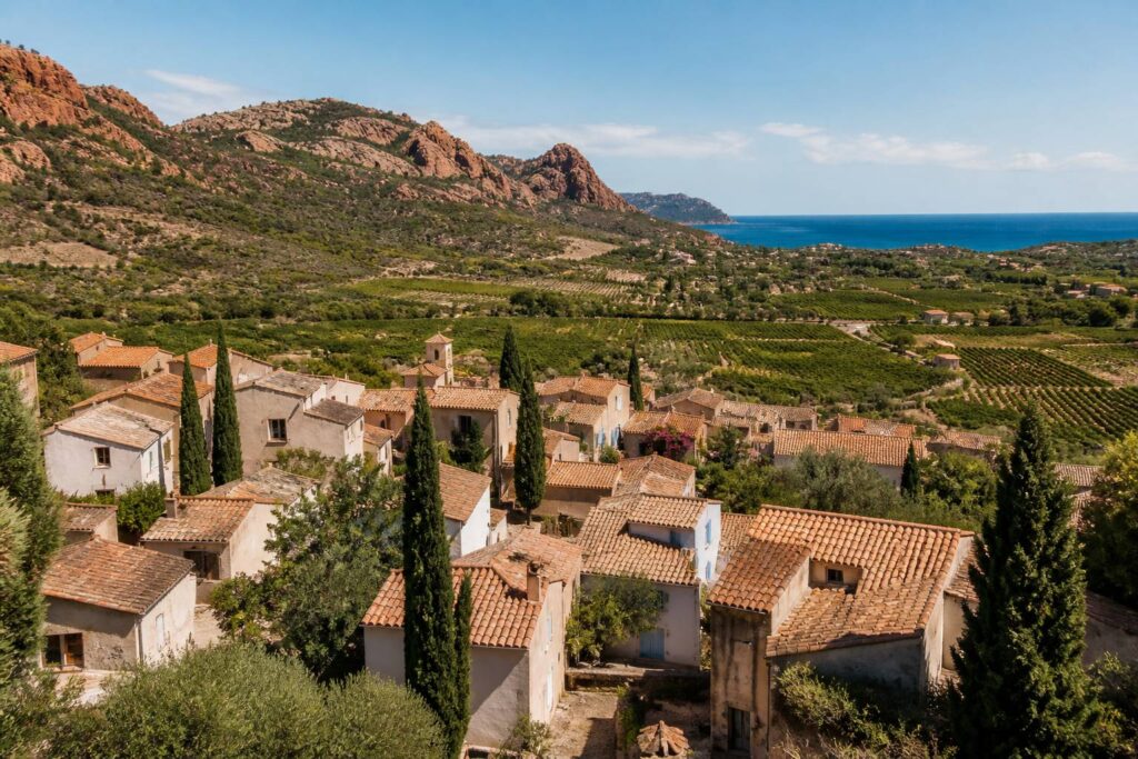 Village provençal aux toits de tuiles entre vignes et collines de roche rouge