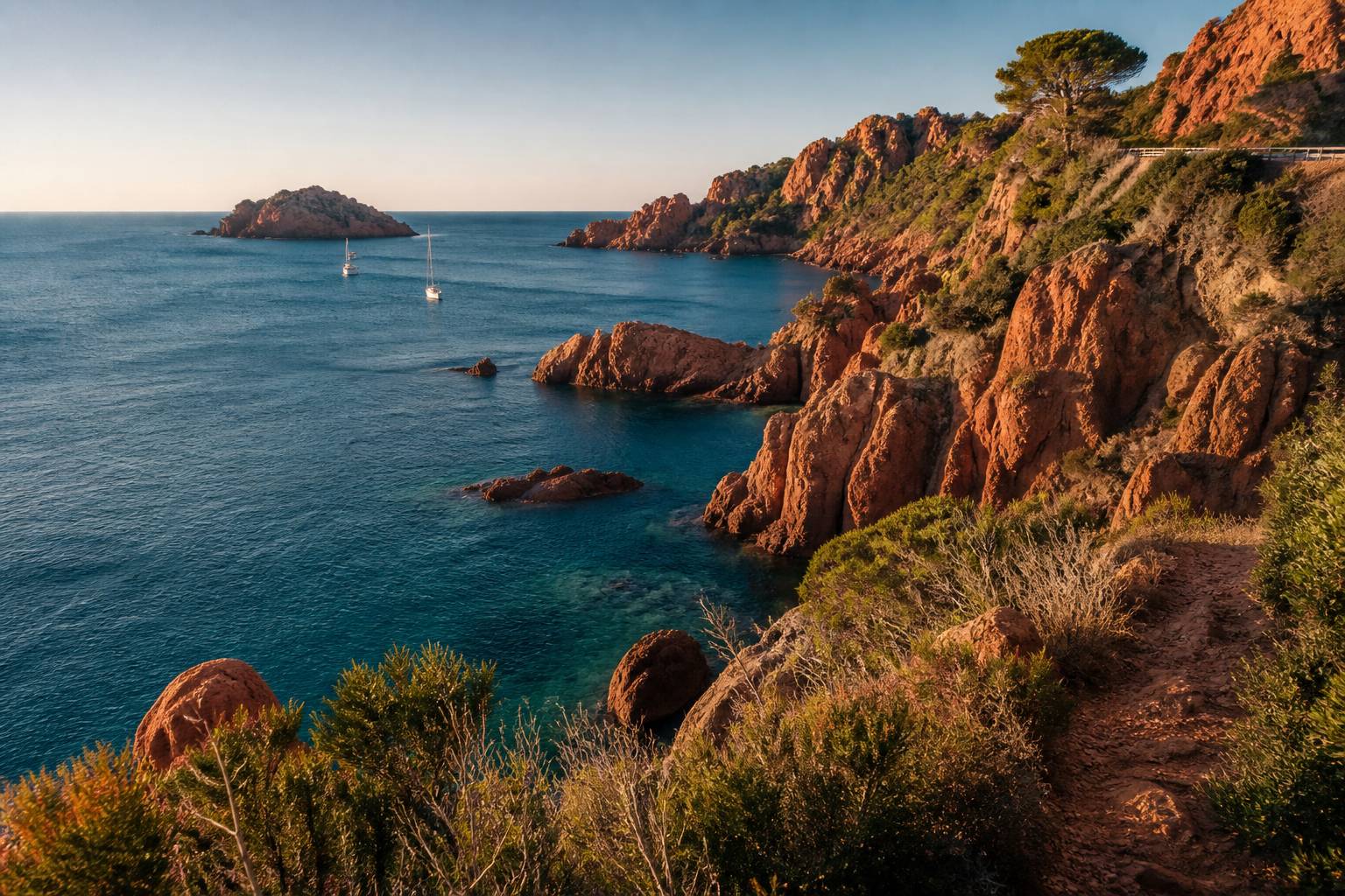 Calanque de la rade d'Agay bordée de roches rouges avec bateaux blancs au mouillage