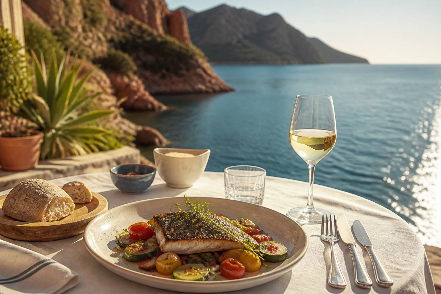 Table gourmande avec assiette de poisson face au lac