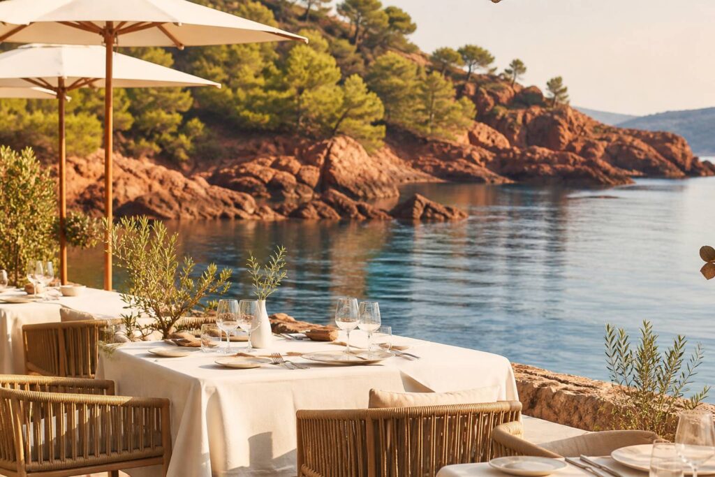 Terrasse de restaurant dressée au bord d'un lac avec rochers rouges