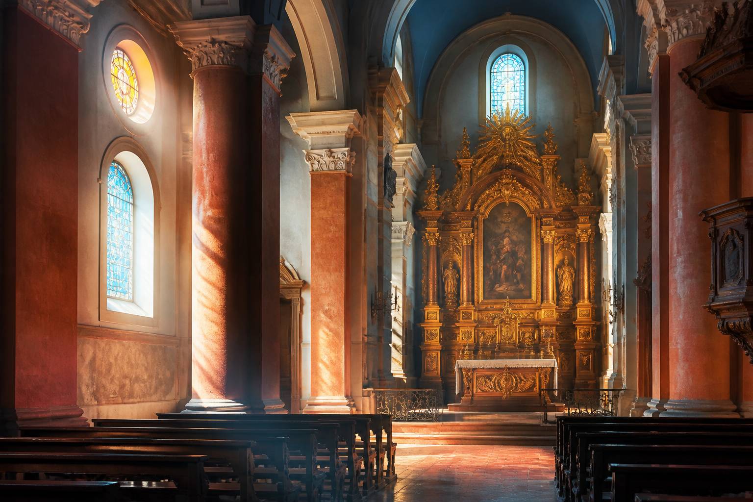 Retable baroque doré dans la nef de l'église