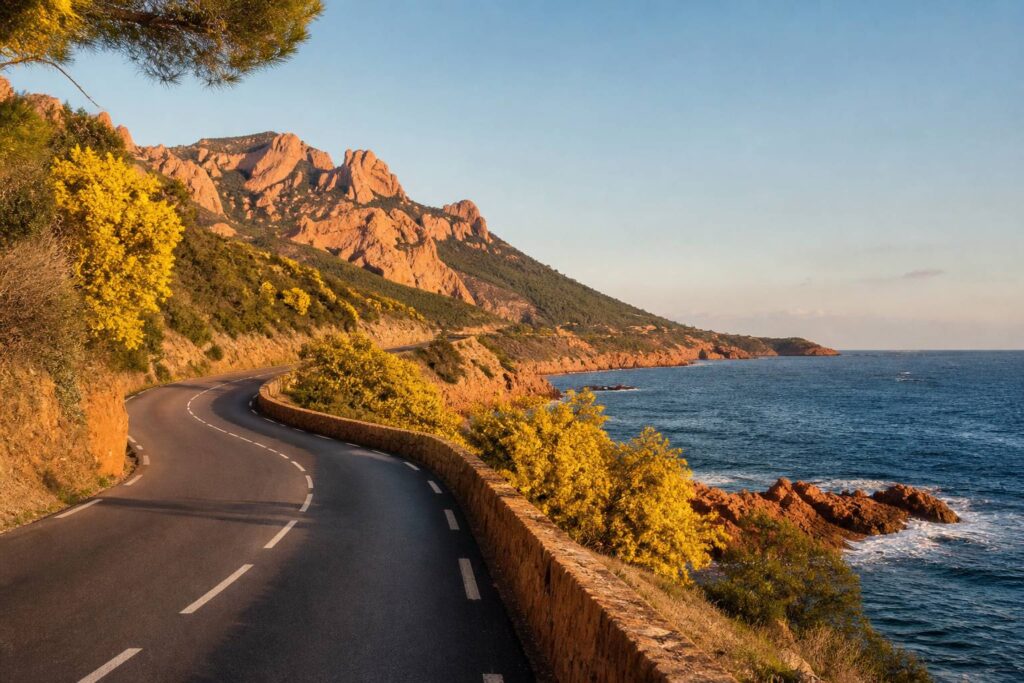 Route bordée de mimosas en fleurs avec mer et roches rouges