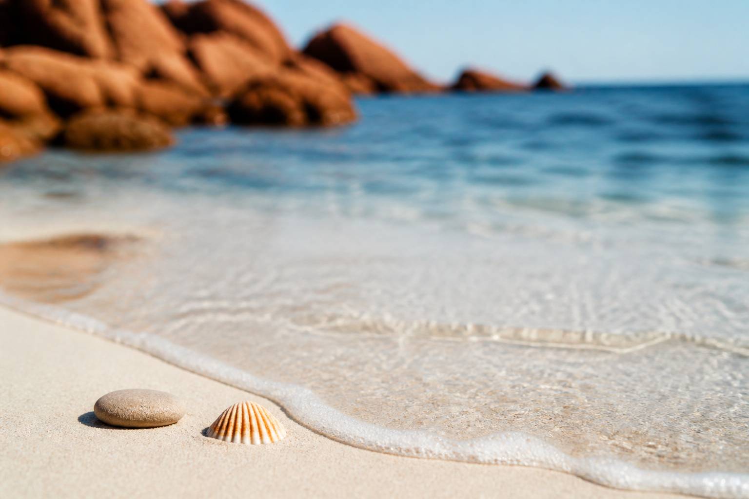 Vaguelette sur le sable fin avec un coquillage au premier plan