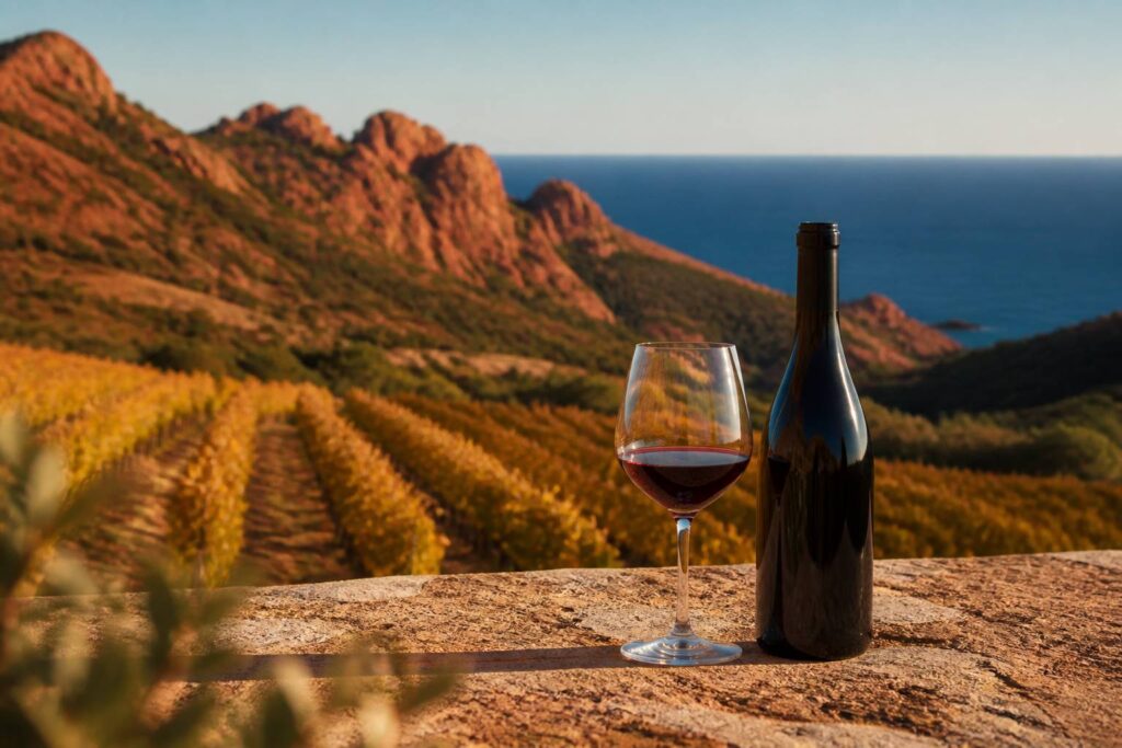Vignoble doré avec roches rouges et mer à l'horizon