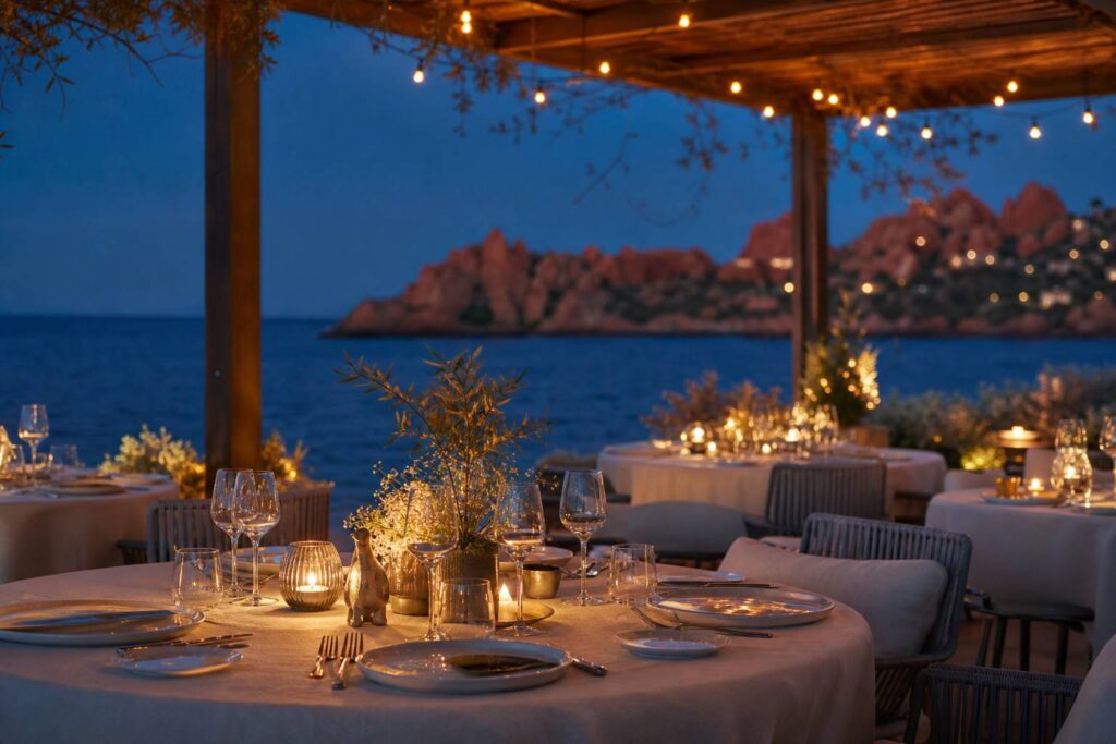 Terrasse de restaurant méditerranéen dressée pour un réveillon avec bougies face à la mer