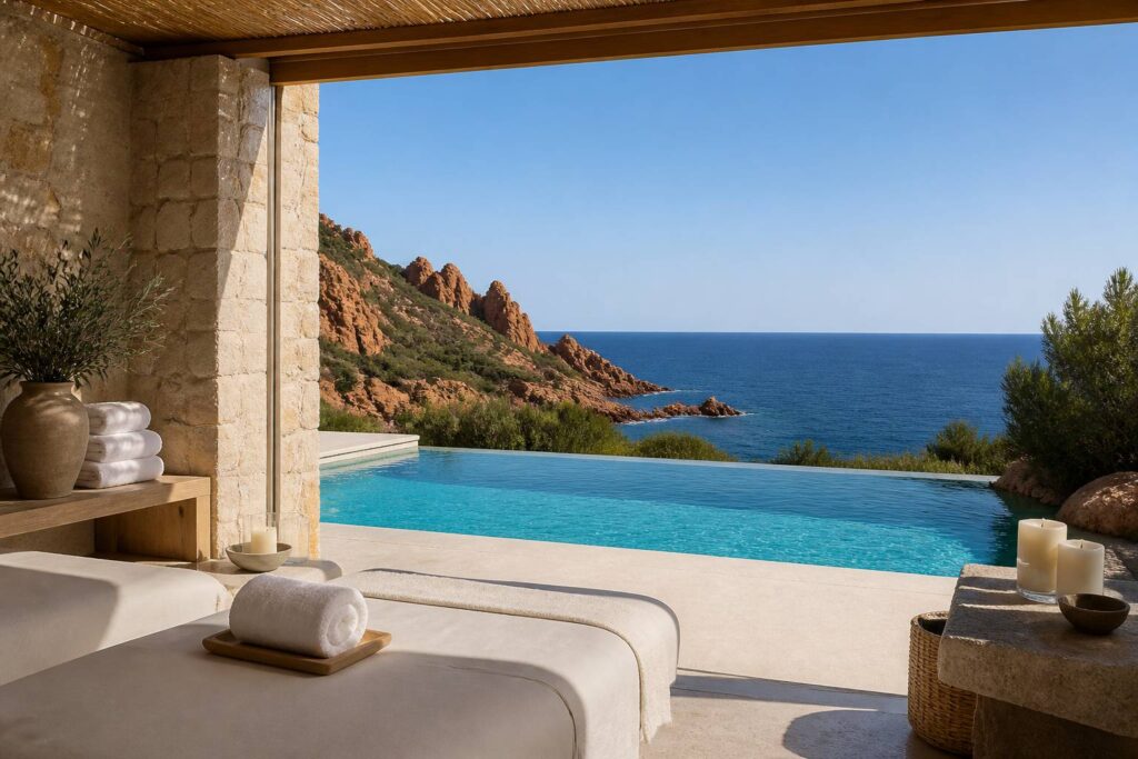 Cabine de spa en pierre claire avec vue sur la piscine et la mer
