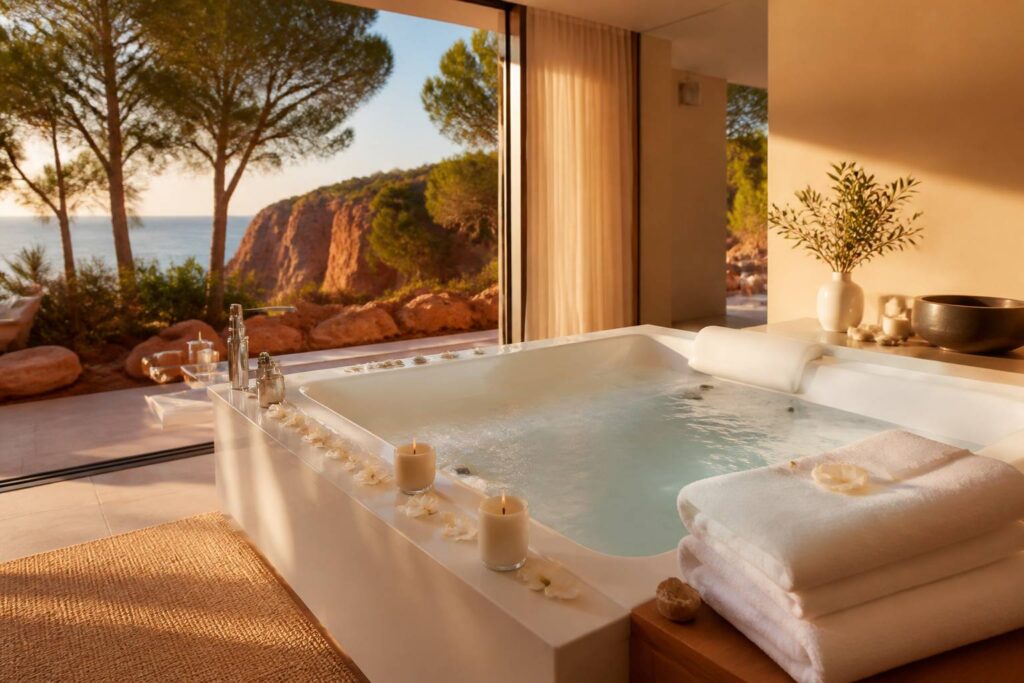 Suite spa provençale avec baignoire balnéothérapie face à la pinède de l'Estérel